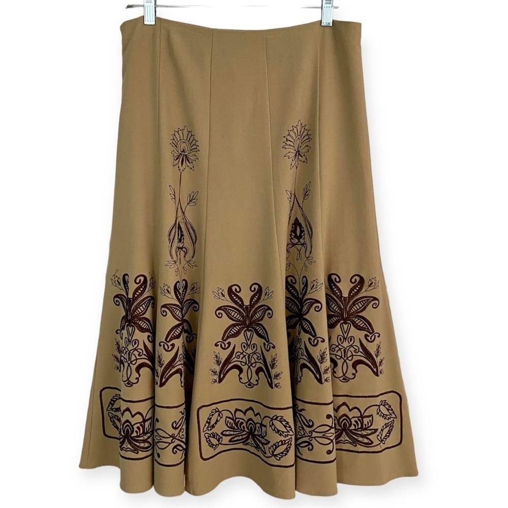 Sunny Leigh Tan Skirt Size 8 Boho Flared Midi Maxi Floral Embroidery A-line Full